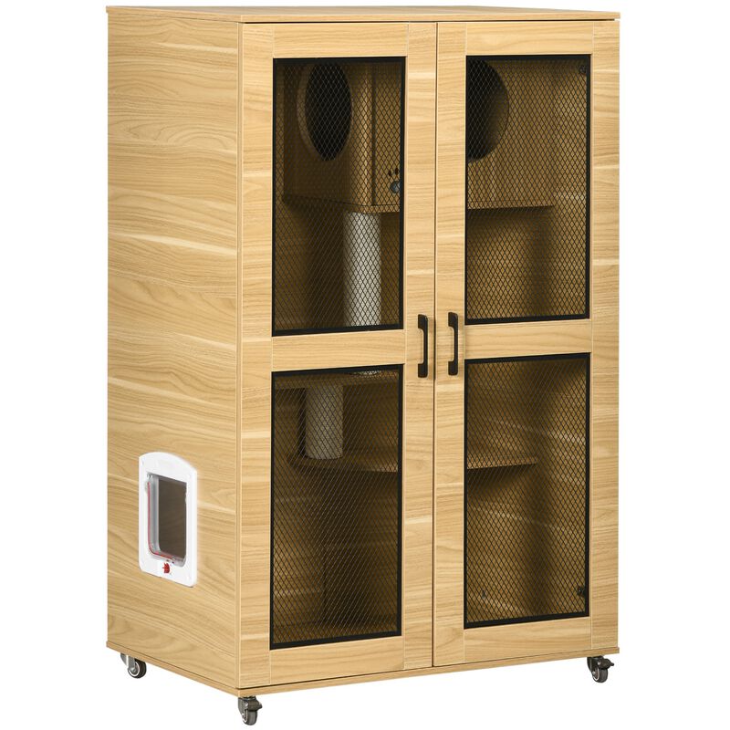 Oak Cat Enclosure: Cat House with Tree & Lockable Wheels