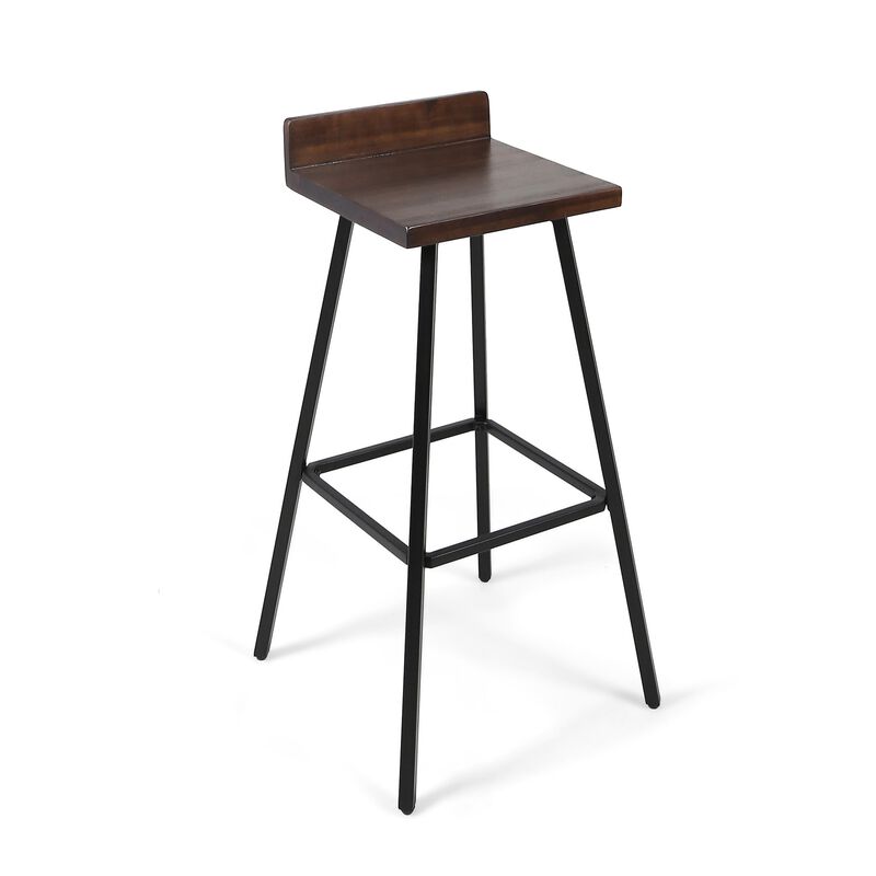 Barstool Chair Set of 2, Brown Acacia Wood, Black Angled Iron Legs -Benzara