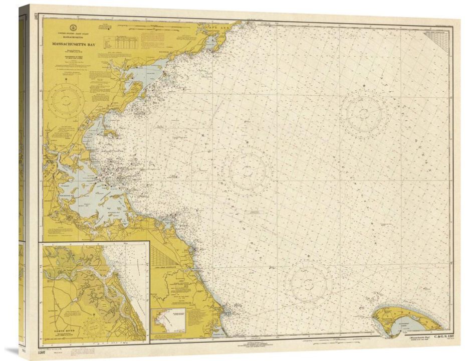 Nautical Chart - Massachusetts Bay ca. 1970 - Sepia Tinted-Canvas Art-30x24