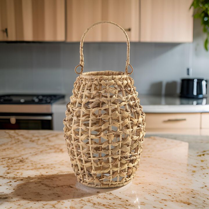 Enna 17 Inch Lantern, Bohemian Style, Candle Stand, Brown Rattan Woven - Benzara
