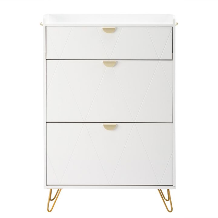 Elegant Entryway Shoe Cabinet, V-Carved Doors with 2 Drawers & Flip-Top Storage