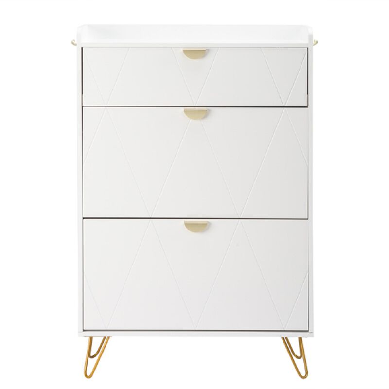 Elegant Entryway Shoe Cabinet, V-Carved Doors with 2 Drawers & Flip-Top Storage