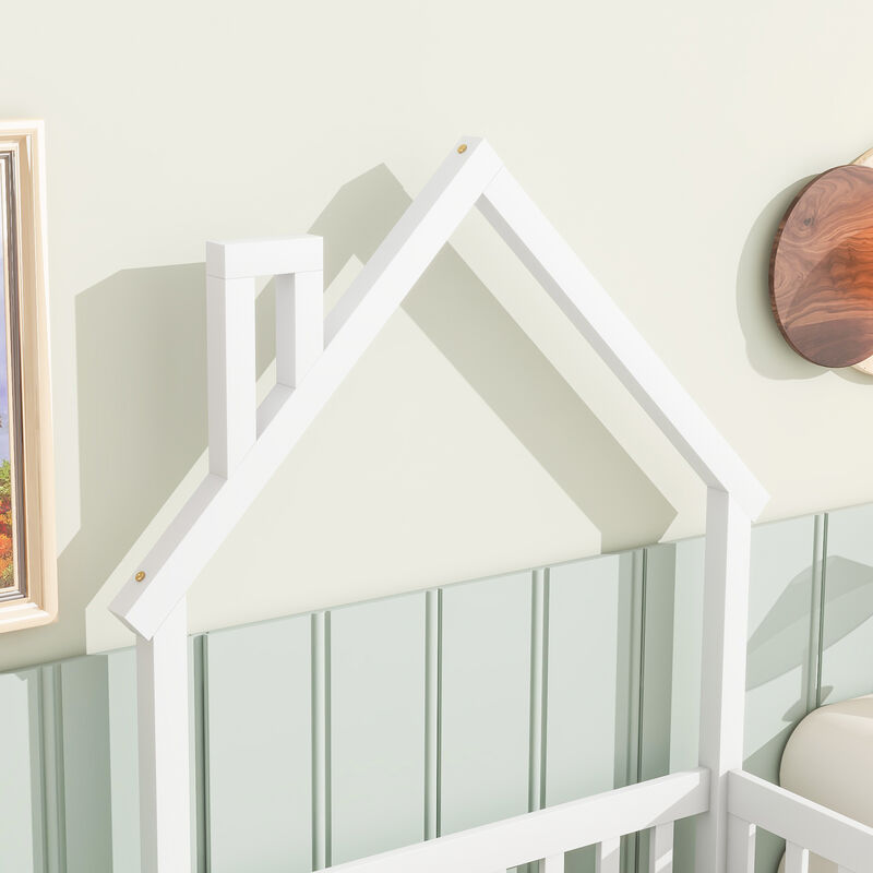 Twin House-Shaped Headboard Floor Bed with Fence, Natural