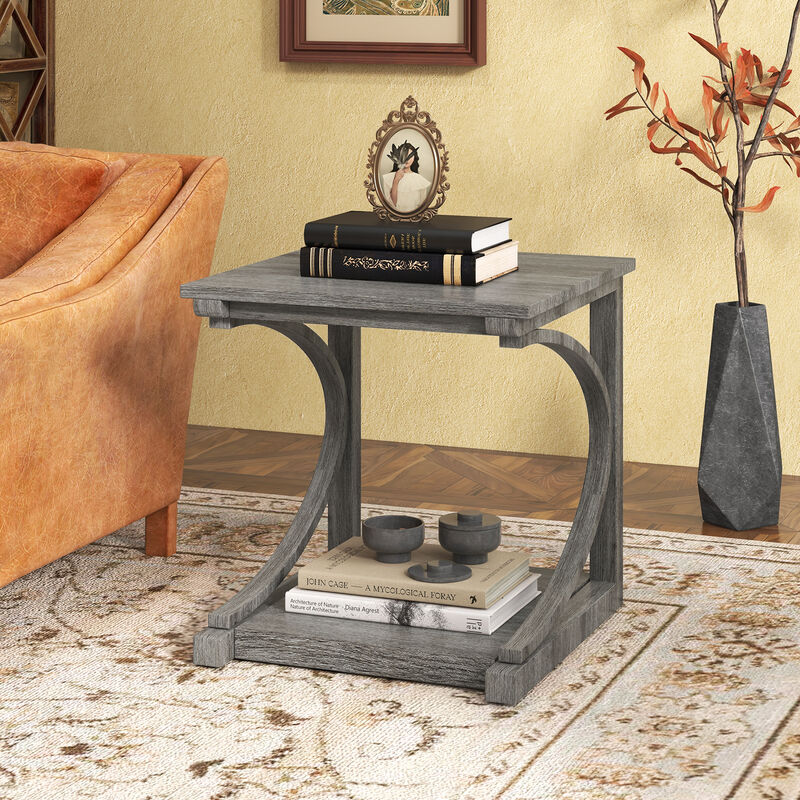 C-Shaped 2-Tier Square End Table for Sofa or Living Room