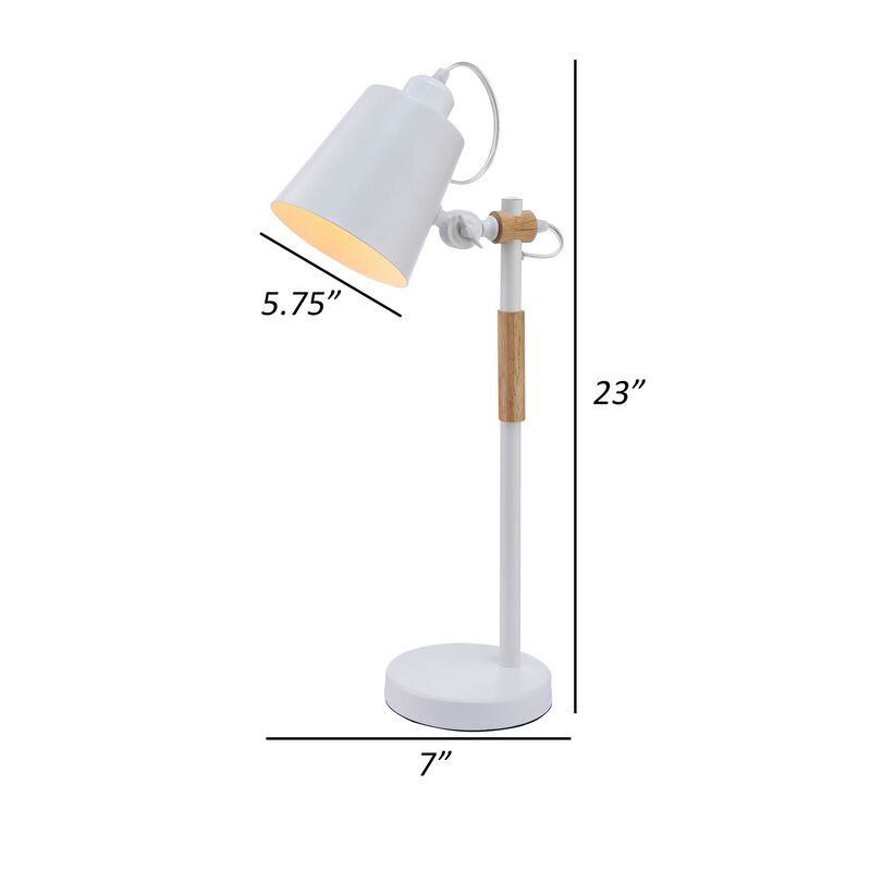 23 Inch Table Lamp, Brown Wood Trim, Dome Metal Shade White, Round Base-Benzara