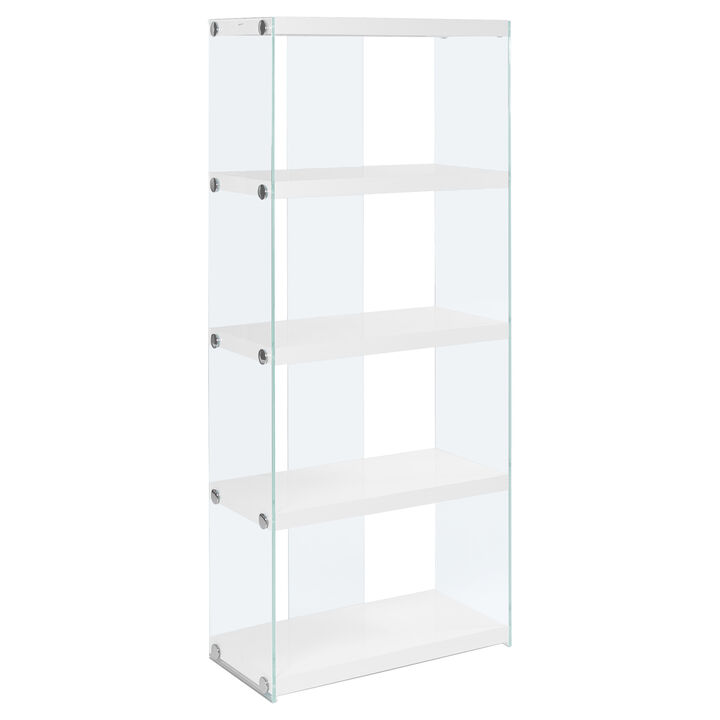Monarch Specialties I 3289 Bookshelf, Bookcase, Etagere, 5 Tier, 60"H, Office, Bedroom, Tempered Glass, Laminate, Glossy White, Clear, Contemporary, Modern