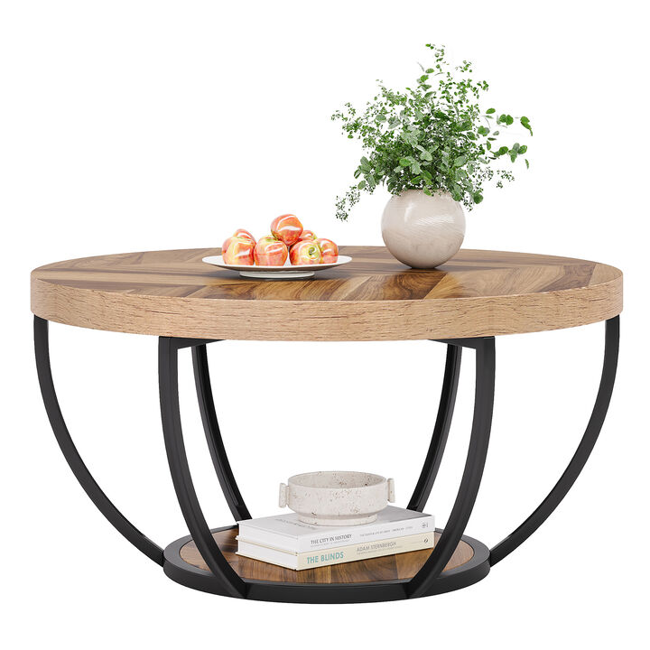 Christmas, 32" Round Coffee Table, Modern Circle Coffee Table Sofa Side Table with Metal Legs for Living Room, Home Office, 2-Tier Wood Accent Center Table with Open Storage, Vintage Home Furniture