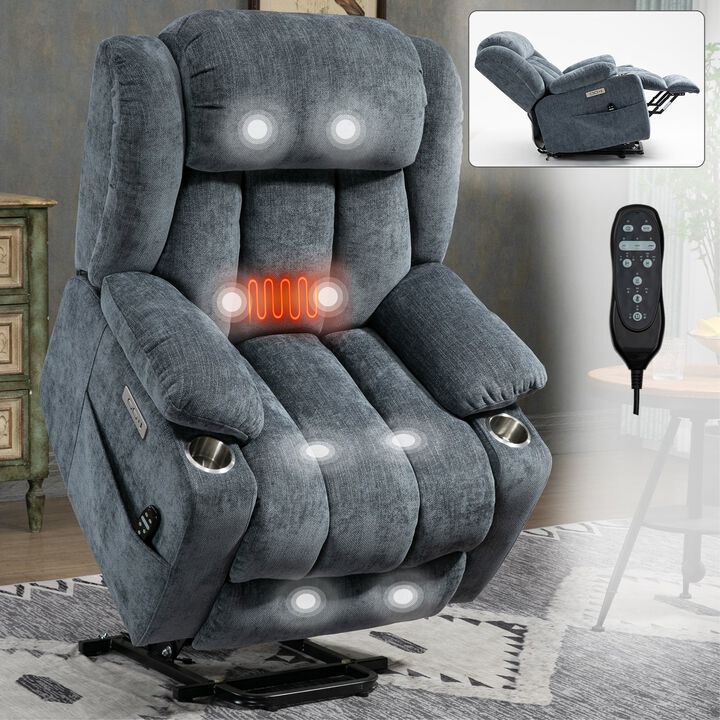 Mondawe Up to 350 LBS Chenille Power Lift Recliner Chair, Heavy Duty Motion Mechanism with 8-Point Vibration Massage and Lumbar Heating, USB and Type-C Ports, Stainless Steel Cup Holders