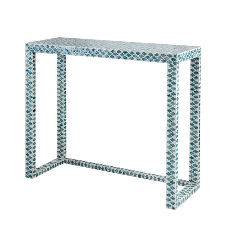 36 Inch Accent Console Table, Capiz Shell Inlay, Rectangular, Blue-Benzara