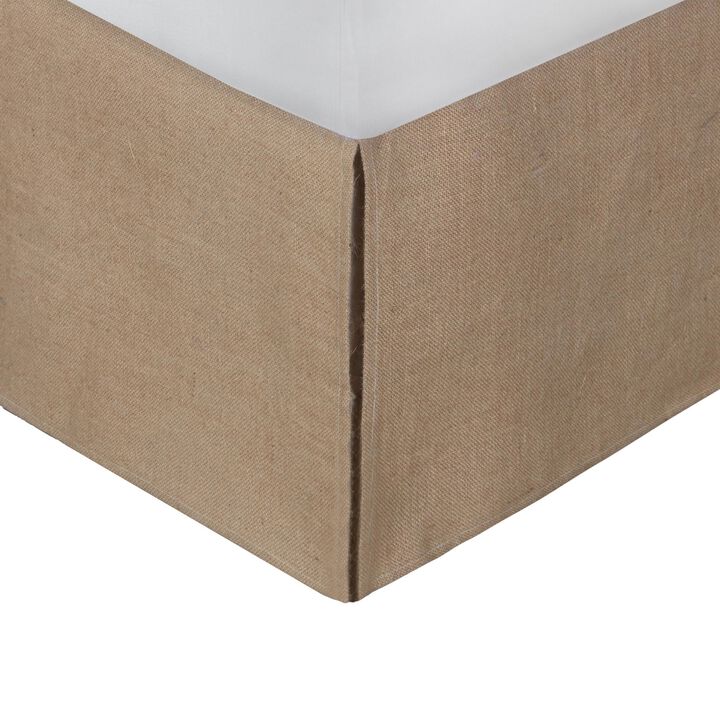 Kuma Full Bed Skirt, Spilt Corners, Burlap Drop, Polyester Platform, Brown - Benzara