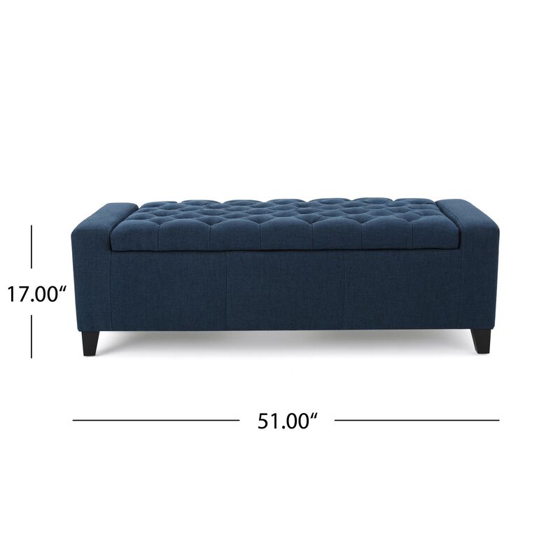 Storage Ottoman Bench, 51 Inch, Deep Button Tufted Dark Blue Fabric - Benzara