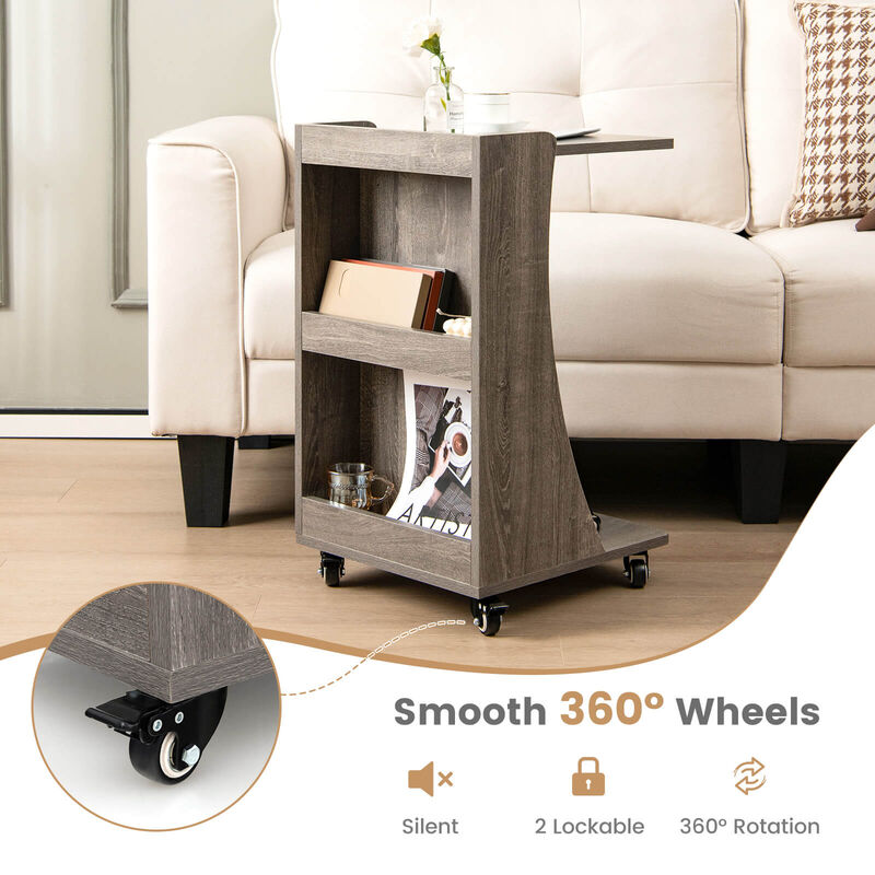 C-shaped Rolling End Side with Back Storage Shelves beside Sofa