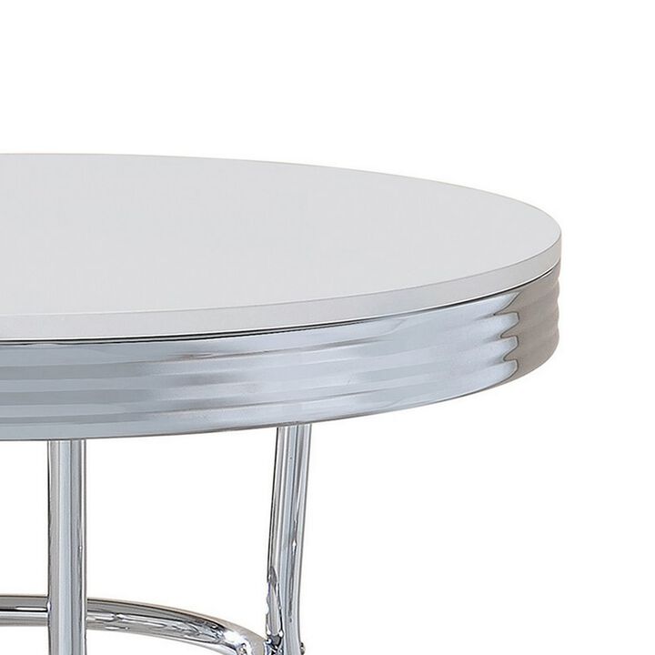 42 Inch Round Bar Table, Ribbed Apron, Glossy White Lacquer, Retro Style - Benzara