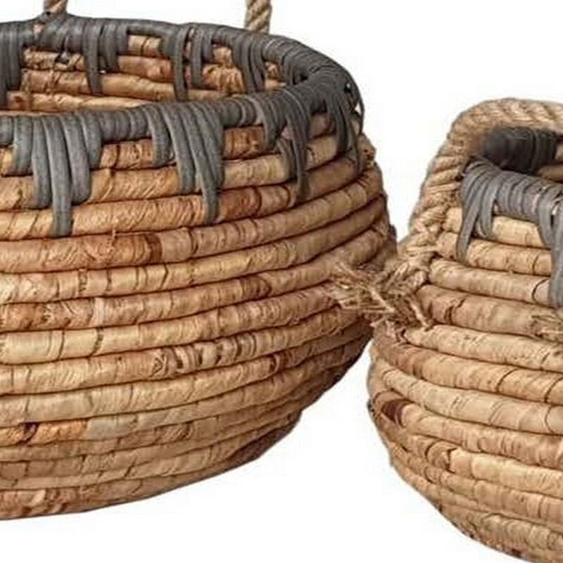 Decorative Storage Basket Set of 2, Handwoven Water Hyacinth Fiber, Brown - Benzara