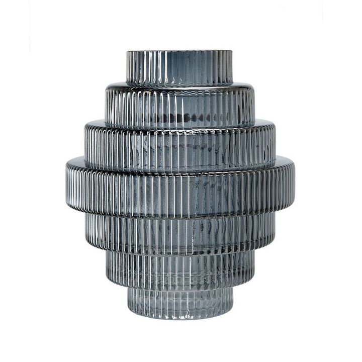Rae Set of 2 Glass Vases, Geometric Round, Smokey Blue and Clear Finish-Benzara