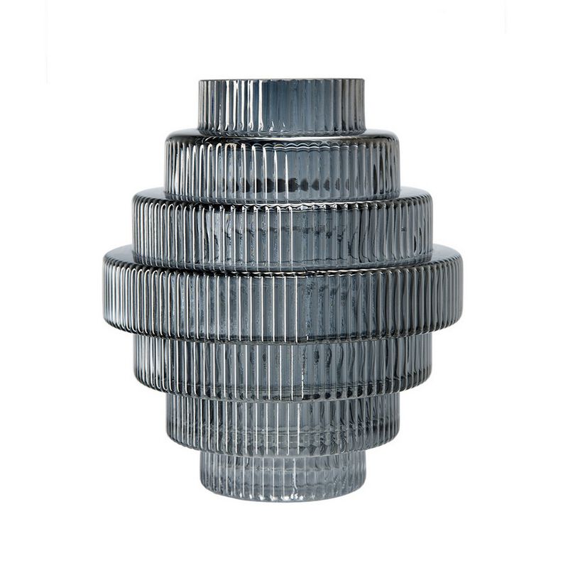 Rae Set of 2 Glass Vases, Geometric Round, Smokey Blue and Clear Finish-Benzara