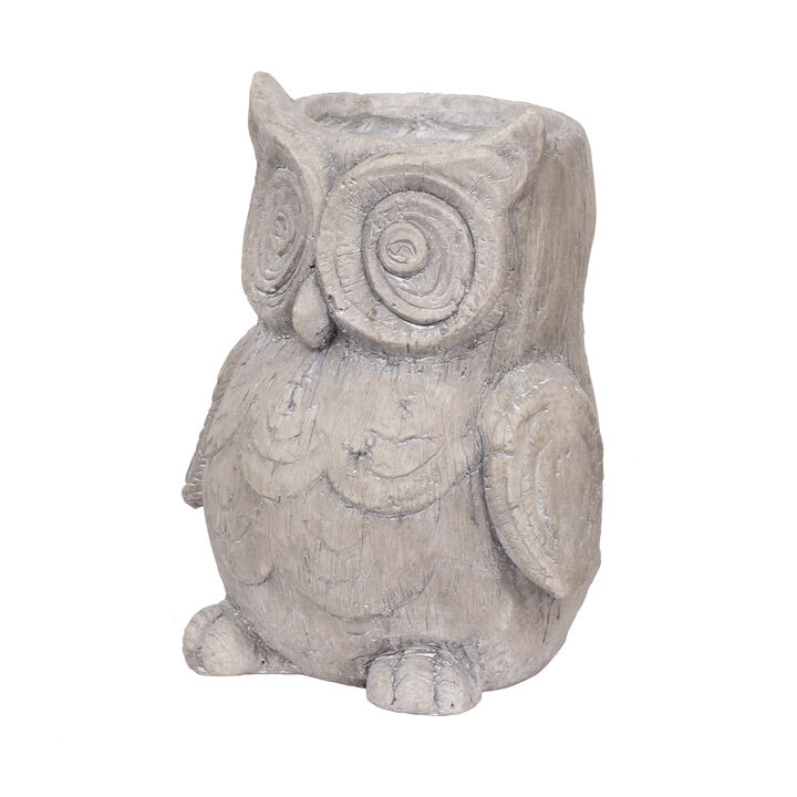 Antique Styled Raw Textured Polyresin Owl Head Planter, Gray - Benzara
