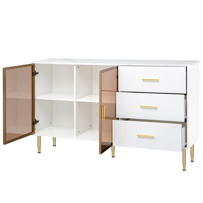Modern Sideboard MDF Buffet Cabinet Marble Sticker Table Top And Amber- Tempered Glass