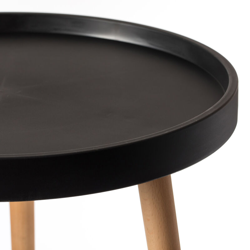 Modern Plastic Round Side Table Accent Coffee Table with Beech Wood Legs, Black