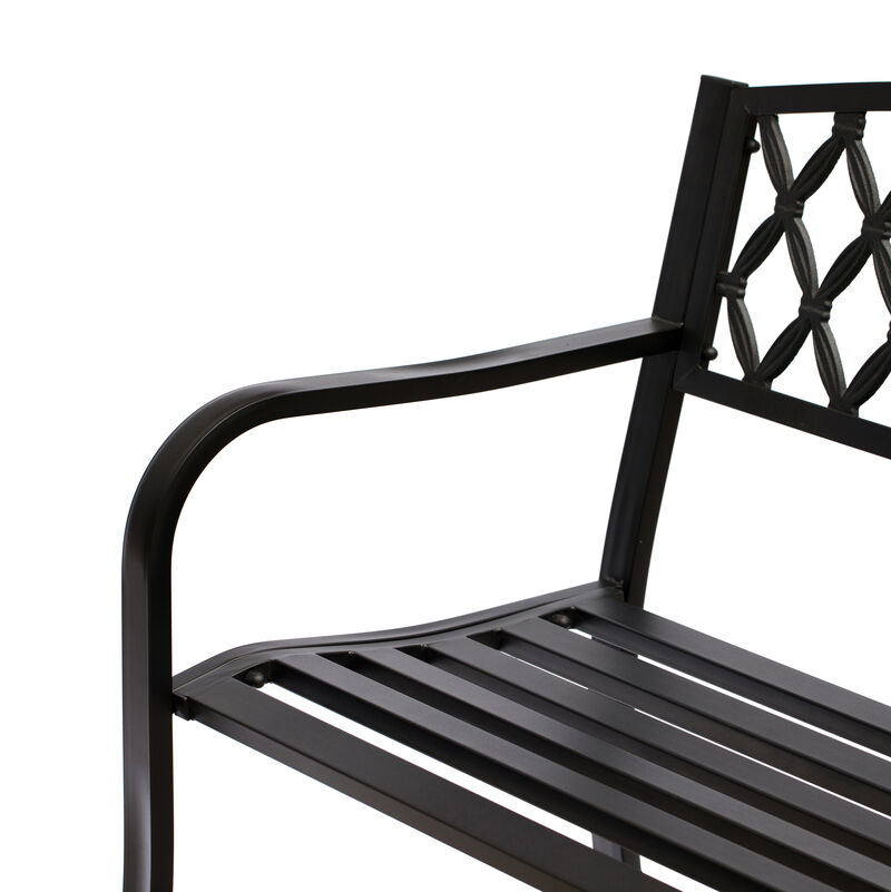 Gardenised Black Outdoor Garden Patio Steel Park Bench Lawn Decor with Cast Iron Back Seating bench, with Backrest and Armrest for Yard, Patio, Garden, Balcony, and Deck