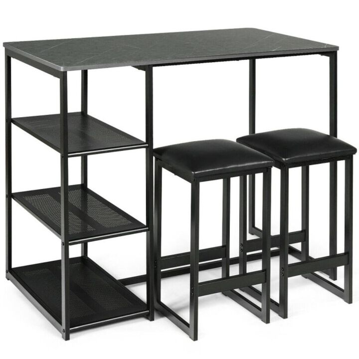 Hivvago 3 Pieces Dining Set with Rectangular Faux Marble and 3 Metal Storage Shelves