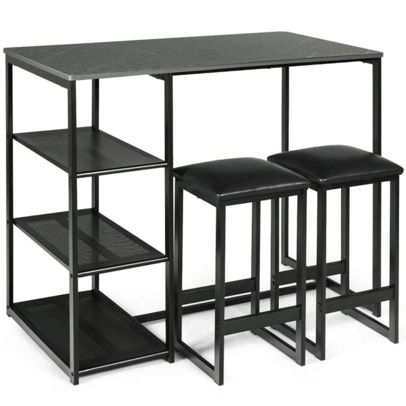 Hivvago 3 Pieces Dining Set with Rectangular Faux Marble and 3 Metal Storage Shelves