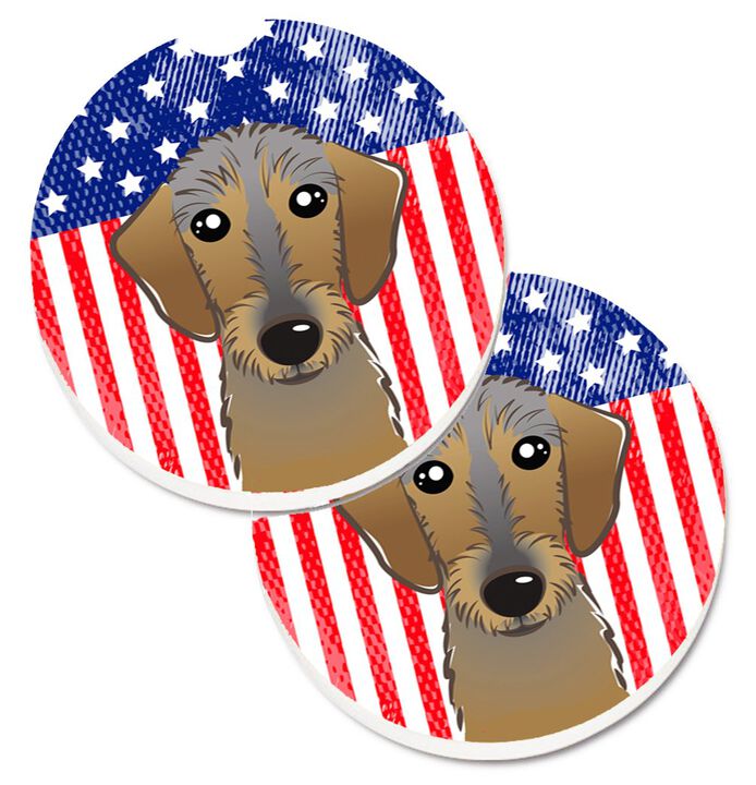 Caroline's Treasures American Flag & Wirehaired Dachshund Set of 2 Cup Holder Car Coasters BB2163CARC, 2.56, Multicolor