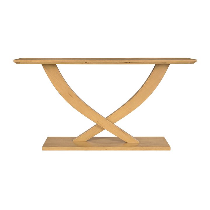 Rase 57 Inch Console Table, Cross Leg Design, Pedestal Base, Brown Wood - Benzara
