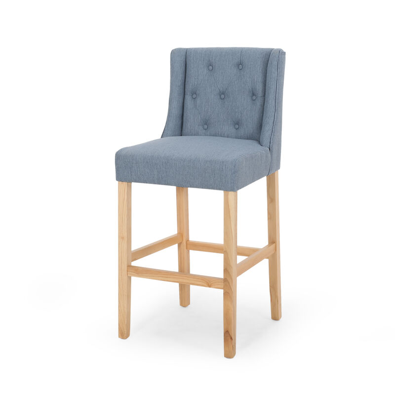 Seliva Barstool Chair Set of 2, Navy Blue Fabric, Tufted Back, Black Wood - Benzara