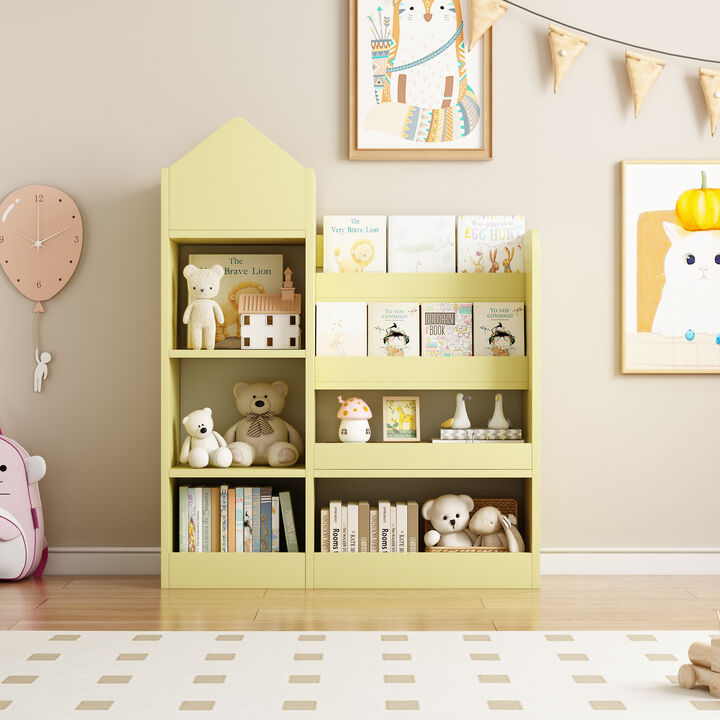 Kids Wooden Bookshelf Toy Storage Organizer with Bookcase, Kid's Bin Storage Unit with 6 Compartments 2 Baskets Bins Toys Box Organizer, Children Multi Shelf Cubby for Books, Toys Shelf