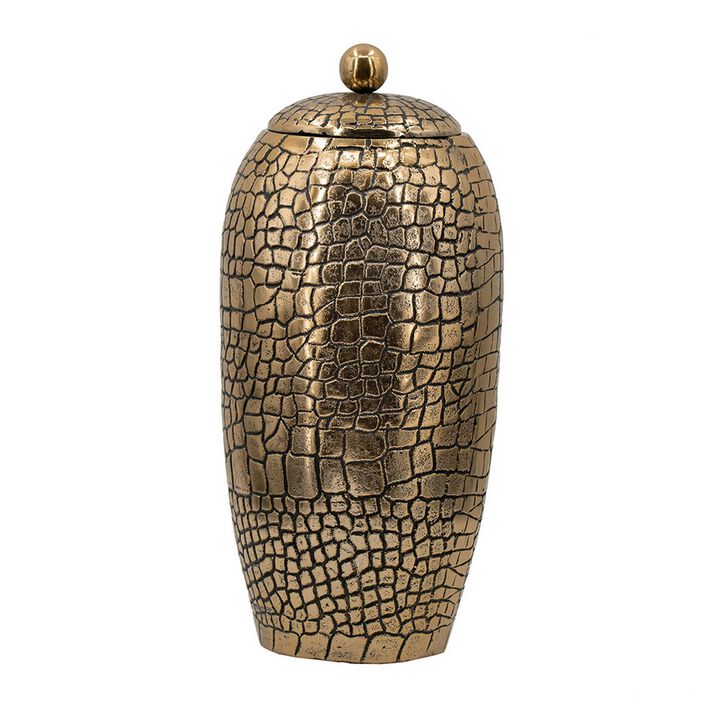15 Inch Aluminum Urn, Lidded Top, Hammered Texture, Antique Gold Finish - Benzara