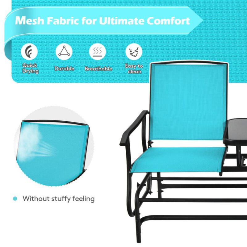 Hivvago 2-Person Double Rocking Loveseat with Mesh Fabric and Center Tempered Glass Table