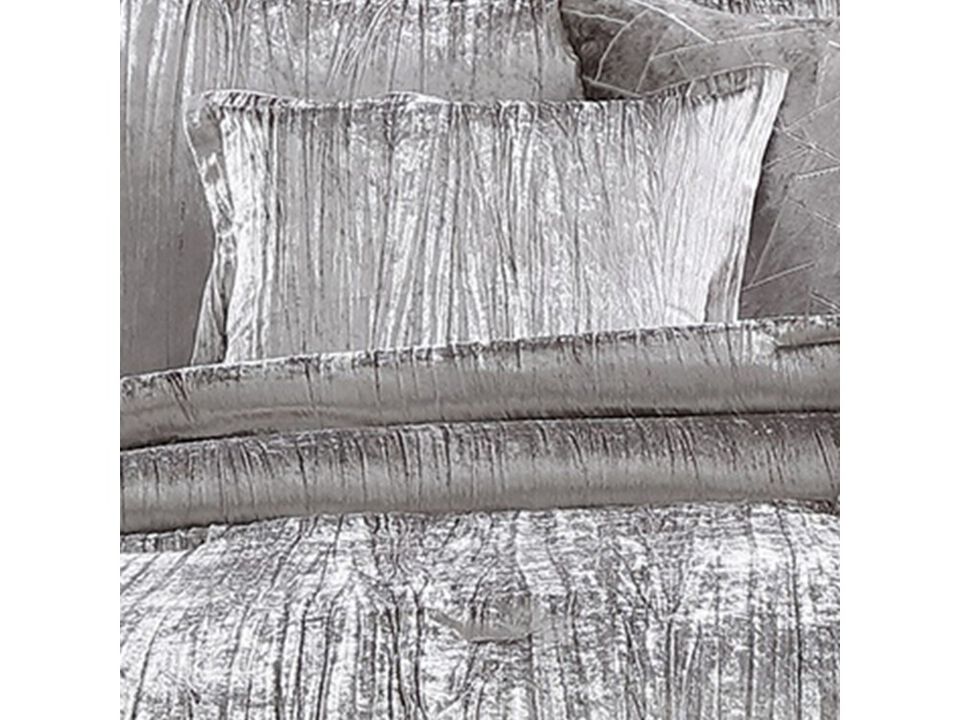 King Size 7 Piece Fabric Comforter Set with Crinkle Texture, Silver - Benzara