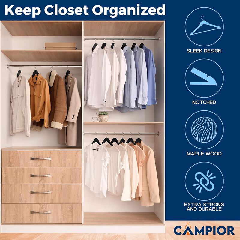 Wooden Clothes Hangers - 60 Pack, Durable, Non-Slip, Space-Saving Hangers for Dresses, Coats, and More, Holds Up to 10 lbs with 360° Swivel Hook, Black Finish