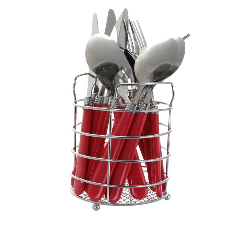 Gibson Sensations II 16 Piece Stainless Steel Flatware Set with Red Handles and Chrome Caddy