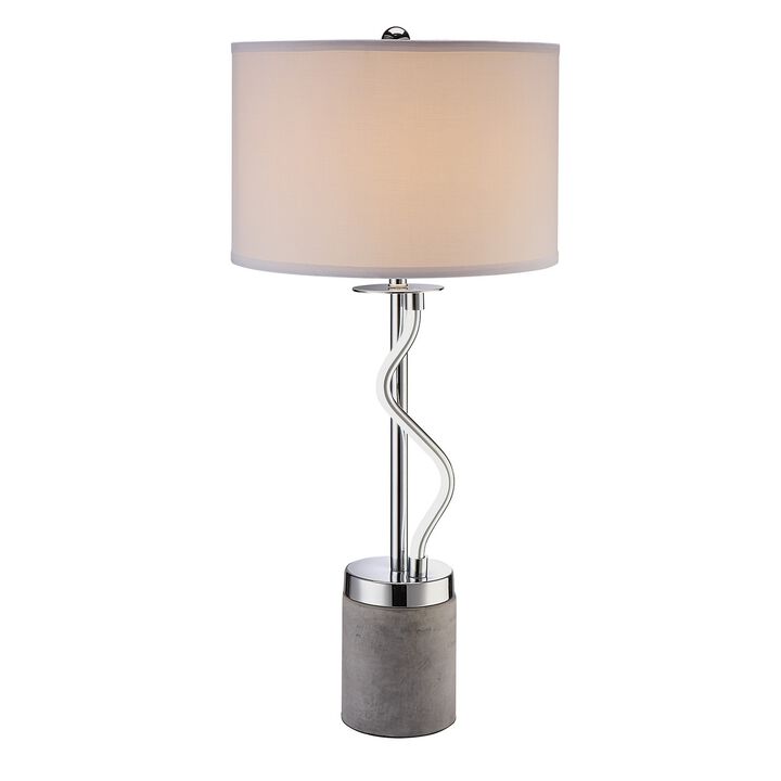 30 Inch Table Lamp, White Drum Fabric Shade, Modern Round Chrome Base-Benzara