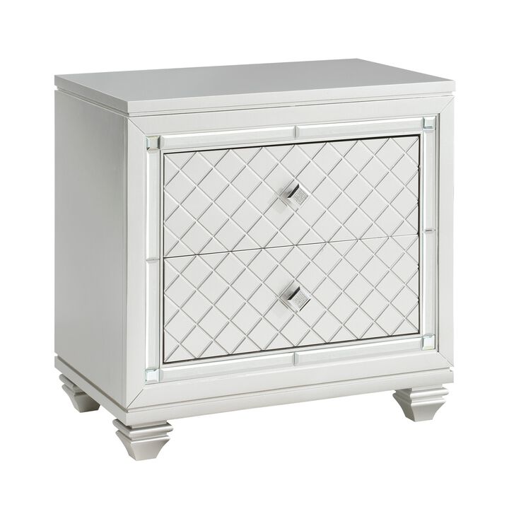 Piros 29 Inch 2 Drawer Nightstand, Diamond Pattern, Mirrored Frame, Silver-Benzara