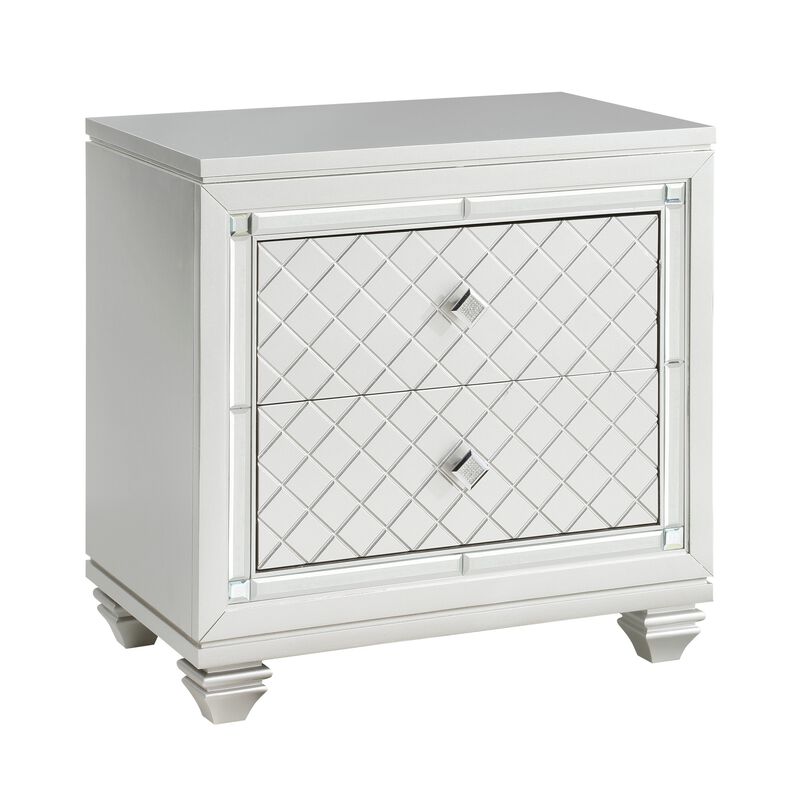 Piros 29 Inch 2 Drawer Nightstand, Diamond Pattern, Mirrored Frame, Silver-Benzara