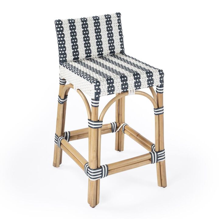 Butler Specialty Rectangular Rattan Low Back 24.5Counter Stool, White and Navy Stripe