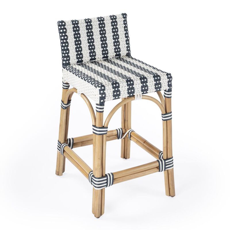 Butler Specialty Rectangular Rattan Low Back 24.5Counter Stool, White and Navy Stripe