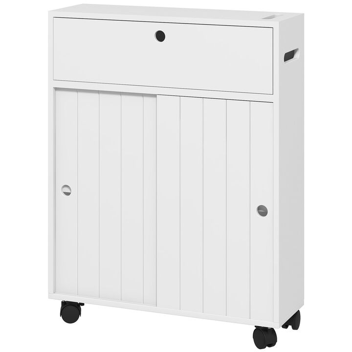 White Toilet Paper Cabinet: Slim, 4 Wheels, Sliding Doors
