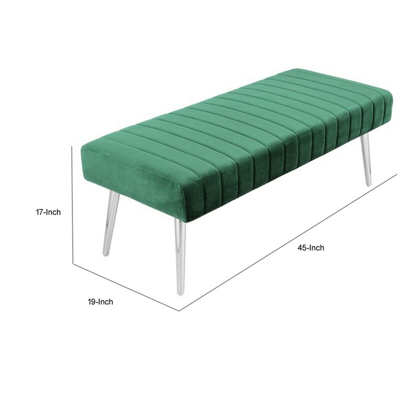Lida 45 Inch Bench, Modern Tufted Lines, Green Soft Velvet, Chrome Metal - Benzara