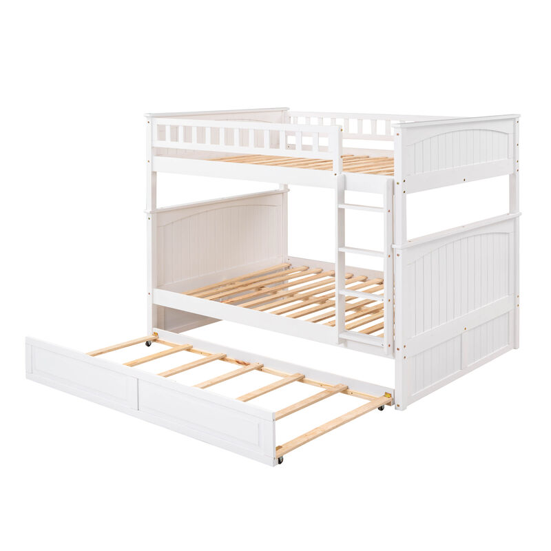 Full Over Full Bunk Bed With Twin Size Trundle, Pine Wood Bunk Bed With Guardrails, Gold