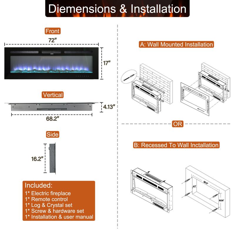 Black 72 in. Wall-Mounted Electric Fireplace with Logs & Crystals, Remote 1500/750W