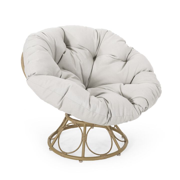 Leos Swivel Outdoor Chair, Soft Gray Polyester Cushion, Brown Rattan -Benzara