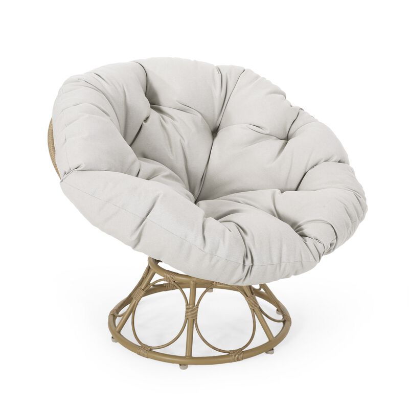 Leos Swivel Outdoor Chair, Soft Gray Polyester Cushion, Brown Rattan -Benzara