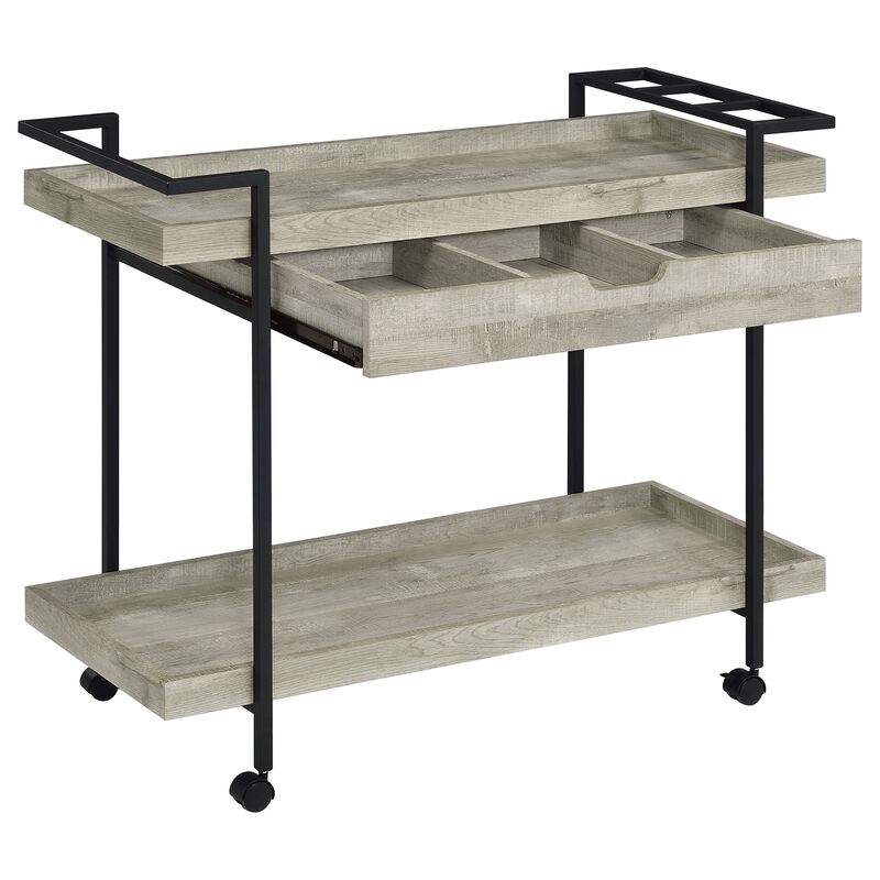 Tra 40 Inch Rolling Bar Cart, 2 Tier with Drawer, Gray Wood, Black Metal - Benzara
