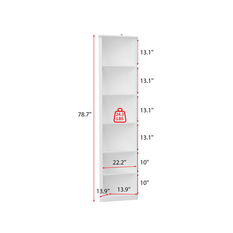 Modern Book Shelf Set of 2, 6 Tiered Corner Shelves, Small Corner Bookshelf for Small Spaces, Adjustable Tall Bookcase for Bathroom, Living Room, Office, White(31.5"x 13.9"x 78.7")