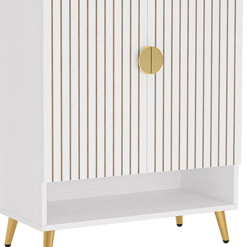 Shoe Cabinet, 2 Doors, 6 Tier Shelves, Gold Metal, White 43 Inch - Benzara