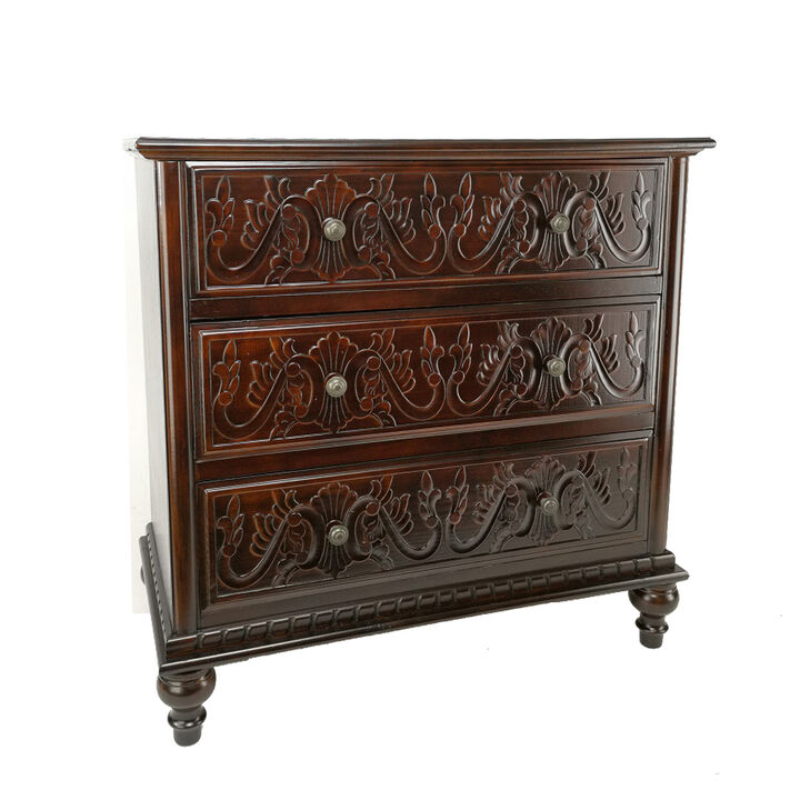 32 Inch Classic Wood Dresser Chest, 3 Drawers, Floral Carving, Brass, Brown - Benzara